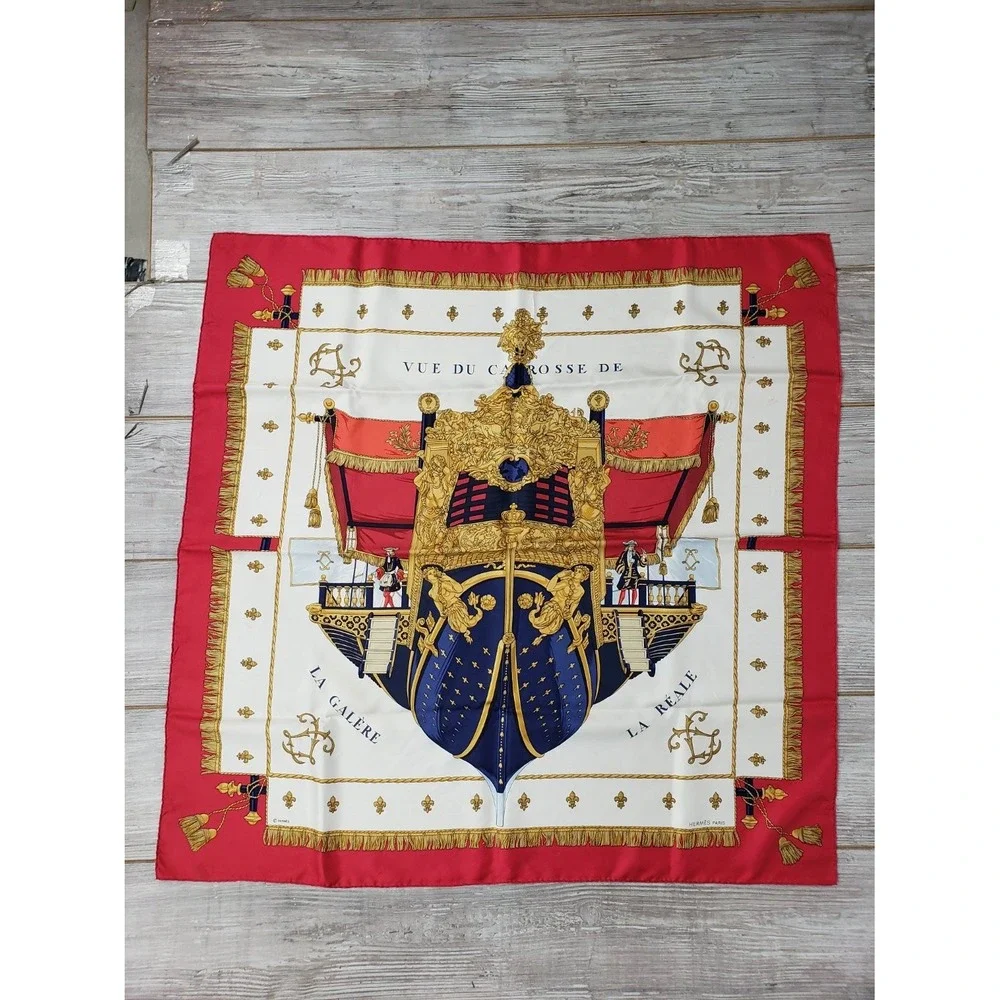 Hermès Vue du Carrosse de La Réale Silk Scarf 35x35 Red Navy Gold White